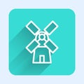 White line Windmill icon isolated with long shadow. Green square button. Vector