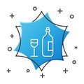 White line Wine bottle with wine glass icon isolated on white background. Happy Easter. Blue hexagon button. Vector