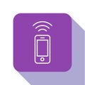 White line Wireless smartphone icon isolated on white background. Purple square button. Vector