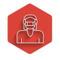 White line Woman face in a medical protective mask icon isolated with long shadow. Quarantine. Red hexagon button