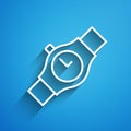 White line Wrist watch icon isolated on blue background. Wristwatch icon. Long shadow. Vector