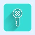 White line Wrong key icon isolated with long shadow. Green square button. Vector Illustration
