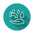White line Wudhu icon isolated with long shadow background. Muslim man doing ablution. Green circle button. Vector