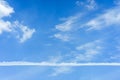 White lined blank on the sky for text and background usage. Traces or vapour of Jet aircraft rises to the bright blue sky. Royalty Free Stock Photo