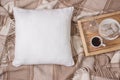 White linen pillow, cushion Mockup on plaid. Inrerior photo Royalty Free Stock Photo