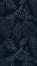 White lines color of tropical leaves and plants on dark blue background, flat line vector and illustration. Royalty Free Stock Photo