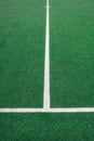 White lines on green soccer or football field. Perpendicular lining.