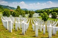 White lines of tombstones as a memorial to Srebrenica massacre in Potocari, Bosnia and Herzegovina Royalty Free Stock Photo