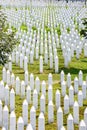 White lines of tombstones as a memorial to Srebrenica massacre in Potocari, Bosnia and Herzegovina