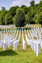 White lines of tombstones as a memorial to Srebrenica massacre in Potocari, Bosnia and Herzegovina