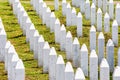 White lines of tombstones as a memorial to Srebrenica massacre in Potocari, Bosnia and Herzegovina