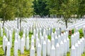 White lines of tombstones as a memorial to Srebrenica massacre in Potocari, Bosnia and Herzegovina Royalty Free Stock Photo