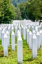 White lines of tombstones as a memorial to Srebrenica massacre in Potocari, Bosnia and Herzegovina