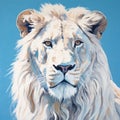White Lion Portrait On Blue Background - Pop Art Wall Art