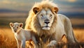 White Lion with One Cub Looking at Camera - Generative Ai Royalty Free Stock Photo