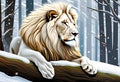 A white lion resting in a snowy forest Royalty Free Stock Photo