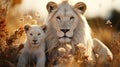 White Lions family closed up in safari. Generative AI