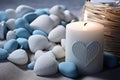 White lit aroma candle, heart and pebbles on beach. Generative AI