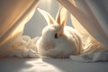 A white little baby rabbit peeks out from under the blanket, generated by AI
