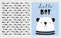 Hello Boy. Cute Hand Drawn Baby Shower Vector Illustrations Set. Blue, White and Black Infantile Design.