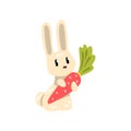 White little bunny holding big carrot, cute rabbit cartoon character vector Illustration on a white background Royalty Free Stock Photo