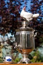 White little chicken flaunts on Russian samovar, tea party