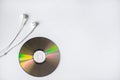 White little headphones are on CD-ROM on white background Royalty Free Stock Photo