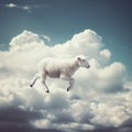 White little lamb walks on white fluffy clouds in the blue sky, fantasy background,