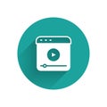 White Live streaming online videogame play icon isolated with long shadow background. Green circle button. Vector