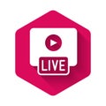 White Live streaming online videogame play icon isolated with long shadow background. Pink hexagon button. Vector