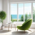 White living room with a chair and a view of a green Scandinavian style in