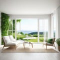 White living room with a chair and a view of a green Scandinavian style in