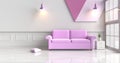 White living room decorated with purple sofa.