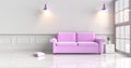 White living room decorated with purple sofa.