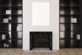 White living room, fireplace and bookcases close up Royalty Free Stock Photo