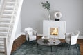 White living room with fireplace and stairs 3d render