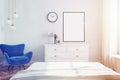 White living room interior, blue armchair toned Royalty Free Stock Photo
