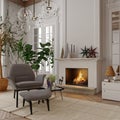White living room interior in classic style with fireplace. Royalty Free Stock Photo