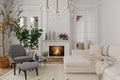 White living room interior in classic style with fireplace. Royalty Free Stock Photo