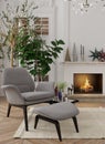 White living room interior in classic style with fireplace. Royalty Free Stock Photo