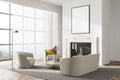 White living room interior with fireplace, seats and window, mockup poster Royalty Free Stock Photo