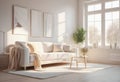 White living room interior with a white sofa, a coffee table and posters. Royalty Free Stock Photo