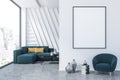 White living room, sofa, armchair, poster Royalty Free Stock Photo