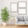 White living room with three frame mockup, 3D rendering