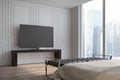 White living room, TV set side view Royalty Free Stock Photo