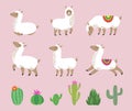 White llama set. Cute alpaca, cartoon wool wild south america animals. Childish llamas characters and cactus vector