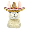 White llama with traditional Mexican sombrero hat watercolor illustration for kids birthday party invitations