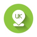 White Location England icon isolated with long shadow. Green circle button. Vector