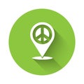 White Location peace icon isolated with long shadow. Hippie symbol of peace. Green circle button. Vector