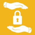 white lock icon in flat hands isolated on yellow background- vector illustration